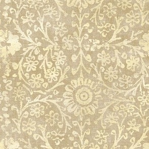 Indian Woodblock in Shades of Gold (xl scale) | Vintage print on faded gold linen texture, rustic block print, hand printed pattern in cream and gold.