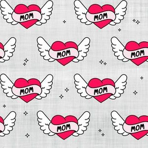 Pink Tattoo Heart Wings Mom on Light Grey Linen