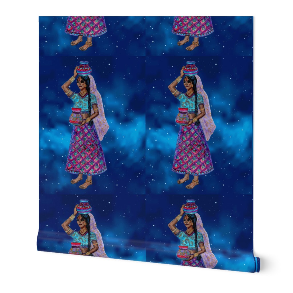 Indian lady holding pots with starry background