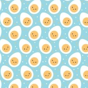 Kawaii happy eggs on light blue 