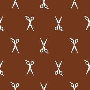  Barbershop Scissor Icons in White with a Walnut Brown Background (Regular Scale)