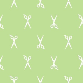 Salon Scissors Barber Shears Pattern in White with a Soft Green Background