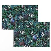 Garden with birds in May, lily of the valley, sparrow, chickadee, pigeon, starling, 
