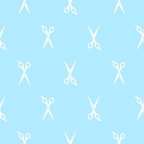   Barbershop Scissor Icons in White with a Baby Blue Background (Regular Scale)
