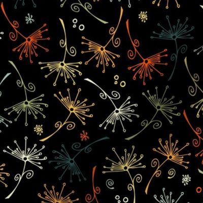 small scale dandelions - vintage hand-drawn dandelions on black - floral fabric and wallpaper