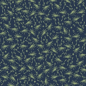 small scale dandelions - honeydew hand-drawn dandelions on navy - floral fabric and wallpaper