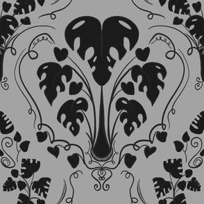 Monstera damask in gothic black and grey