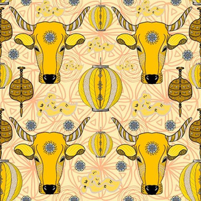 Chinese New Year Oxen in yellow and grey with red geometric design for background