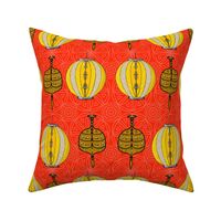 Chinese Lanterns in yellow, grey and rust on red geometric background