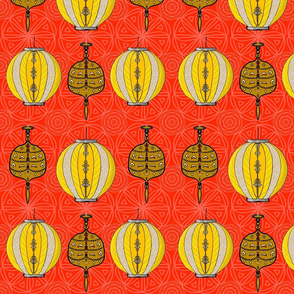 Chinese Lanterns in yellow, grey and rust on red geometric background