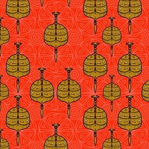 Chinese lanterns in rust in red geometric background