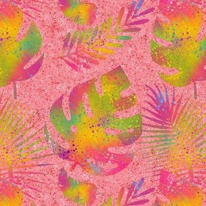 medium rainbow splash colorful leaves on coral pink coordinate to funny chameleon FLWRHT