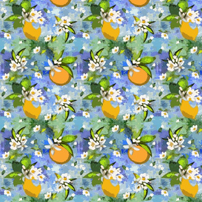 Sunny Day_Lemons and Oranges on Abstract Blue Watercolor 
