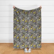 Grey yellow leaves and many owls on a modern wallpaper 