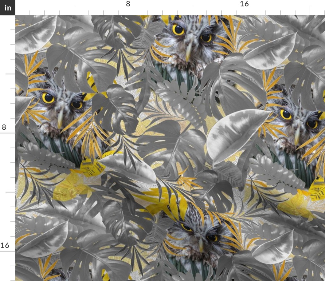 Grey yellow leaves and many owls on a modern wallpaper 