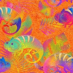 Medium Funny multicolor rainbow Chameleon on intense orange FLWRHT