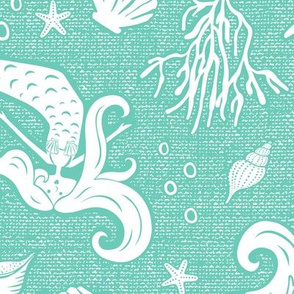 Beachy Keen - Mermaid Flamingo Nautical - Textured Aqua Large Scale 