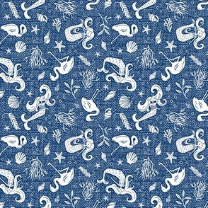 Beachy Keen - Mermaid Flamingo Nautical - Textured Blue Small Scale 