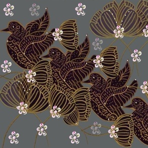 Nouveau Damask Gold & Black Flying Ducks With Daisies On Grey
