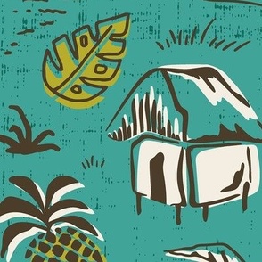 T-Rex Tiki Party - Mid Century Modern Hawaiian - Aqua Olive Jumbo Scale