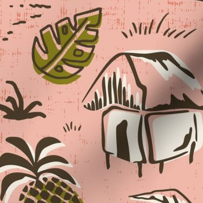 T-Rex Tiki Party - Mid Century Modern Hawaiian - Blush Pink Olive Jumbo Scale