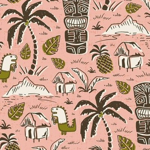 T-Rex Tiki Party - Mid Century Modern Hawaiian - Blush Pink Olive Regular Scale