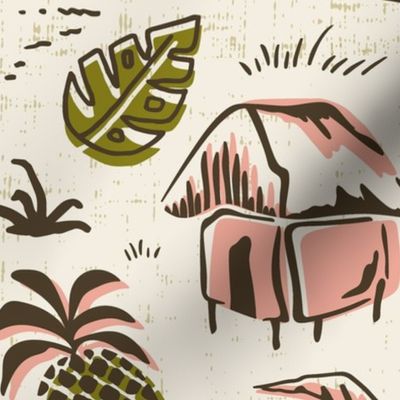 T-Rex Tiki Party - Mid Century Modern Hawaiian - Ivory Pink Olive Jumbo Scale