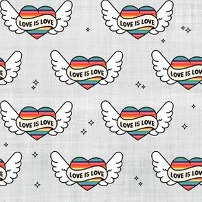 Tattoo Heart Wings Love is Love on Grey Linen