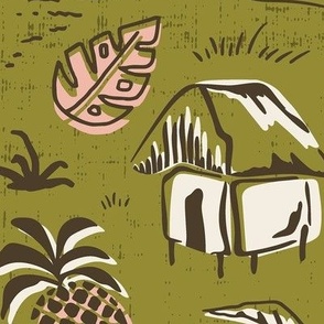 T-Rex Tiki Party - Mid Century Modern Hawaiian - Olive Green Pink Jumbo Scale