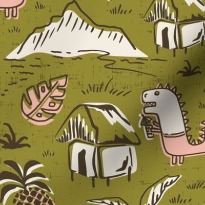 T-Rex Tiki Party - Mid Century Modern Hawaiian - Olive Green Pink Large Scale