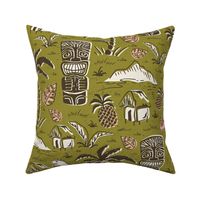 T-Rex Tiki Party - Mid Century Modern Hawaiian - Olive Green Pink Large Scale