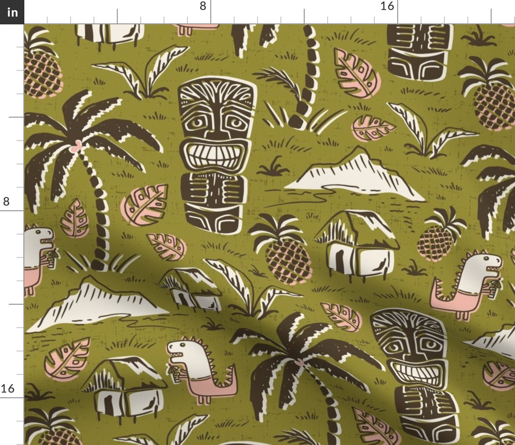 T-Rex Tiki Party - Mid Century Modern Hawaiian - Olive Green Pink Large Scale