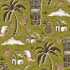 T-Rex Tiki Party - Mid Century Modern Hawaiian - Olive Green Pink Regular Scale