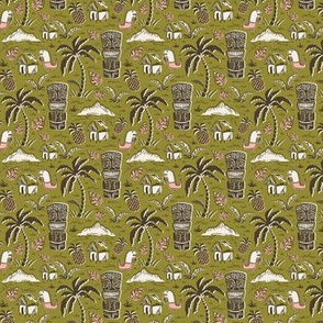 T-Rex Tiki Party - Mid Century Modern Hawaiian - Olive Green Pink Small Scale