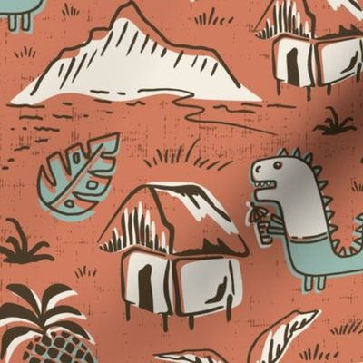 T-Rex Tiki Party - Mid Century Modern Hawaiian - Ivory Sienna Sage Large Scale