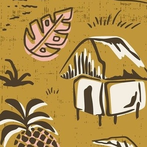 T-Rex Tiki Party - Mid Century Modern Hawaiian - Goldenrod Yellow Pink Jumbo Scale