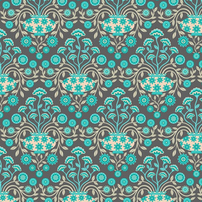 Dreamy Damask with Flowers in Vase in Turquoise Teal Cream on Dark Gray - SMALL-Scale - UnBlink Studio by Jackie Tahara