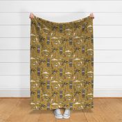 T-Rex Tiki Party - Mid Century Modern Hawaiian - Goldenrod Yellow Pink Large Scale