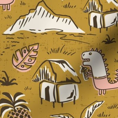 T-Rex Tiki Party - Mid Century Modern Hawaiian - Goldenrod Yellow Pink Large Scale