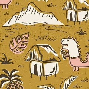 T-Rex Tiki Party - Mid Century Modern Hawaiian - Goldenrod Yellow Pink Large Scale