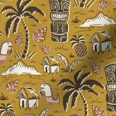 T-Rex Tiki Party - Mid Century Modern Hawaiian - Goldenrod Yellow Pink Regular Scale