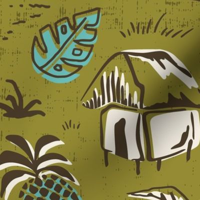 T-Rex Tiki Party - Mid Century Modern Hawaiian - Olive Green Aqua Jumbo Scale