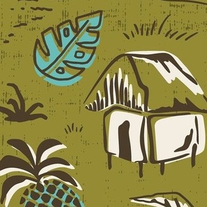 T-Rex Tiki Party - Mid Century Modern Hawaiian - Olive Green Aqua Jumbo Scale