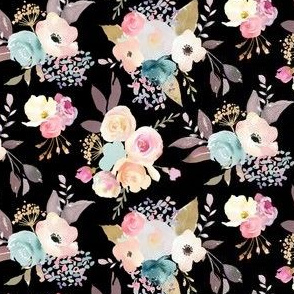Dusty Pink and Blue Watercolor Floral // Black  (Small) 