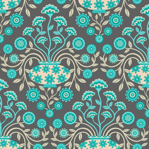 Dreamy Damask with Flowers in Vase in Turquoise Teal Cream on Dark Gray - LARGE Scale - UnBlink Studio by Jackie Tahara