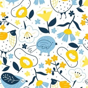 Bigger Scale Tweety Birds and Flowers Navy Blue Yellow Gold