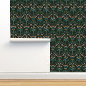 Seamstress Damask, Sewing Tools on Dark Green Background