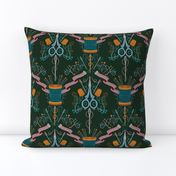 Seamstress Damask, Sewing Tools on Dark Green Background