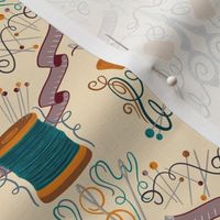Seamstress Damask. Sewing tools on cream background 