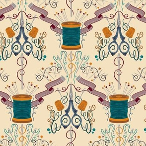 Seamstress Damask. Sewing tools on cream background 